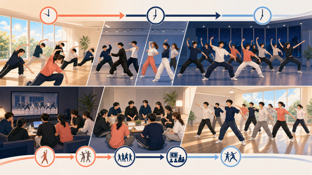 大学ダンスサークルの1泊2日合宿スケジュールを表したイメージイラスト