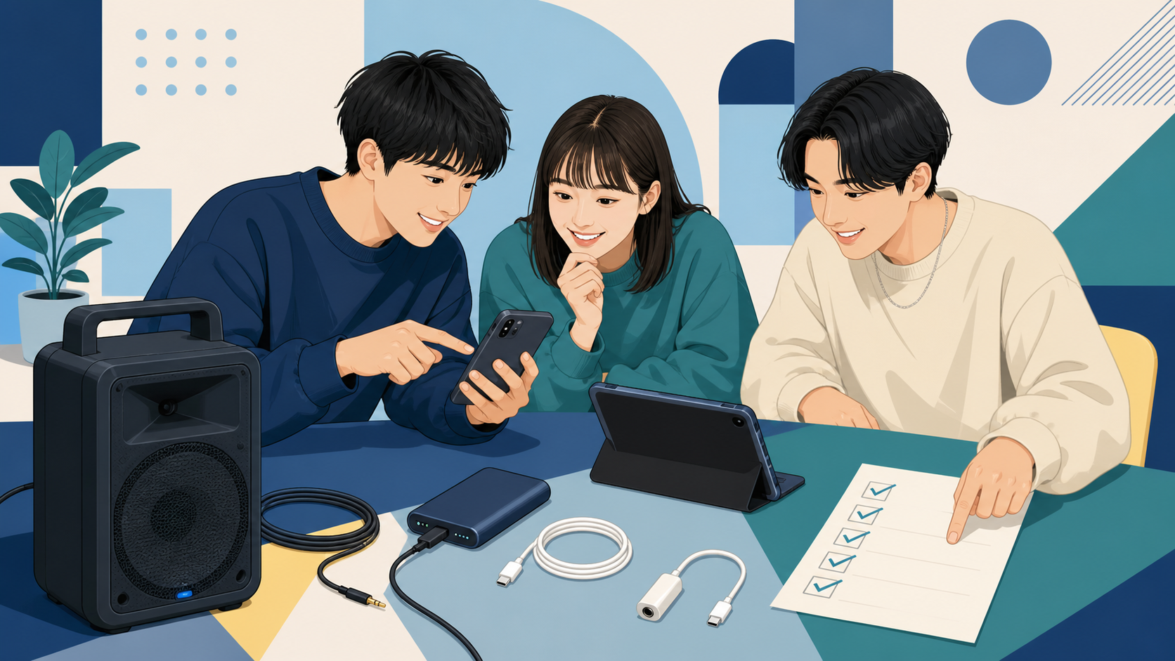スマホや予備端末、ケーブルを確認するダンス合宿の音源準備イメージイラスト