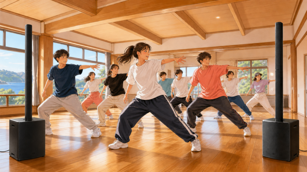 ダンス合宿で2台のPAスピーカーを使って練習する大学生を描いたイメージイラスト