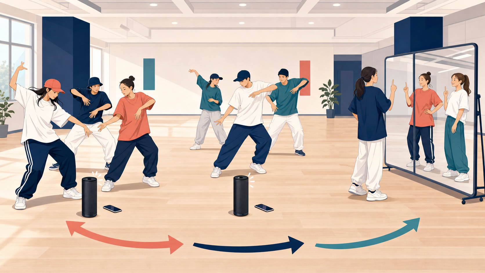 PAスピーカー2台を使ったダンス合宿のパート練習を表すイメージイラスト