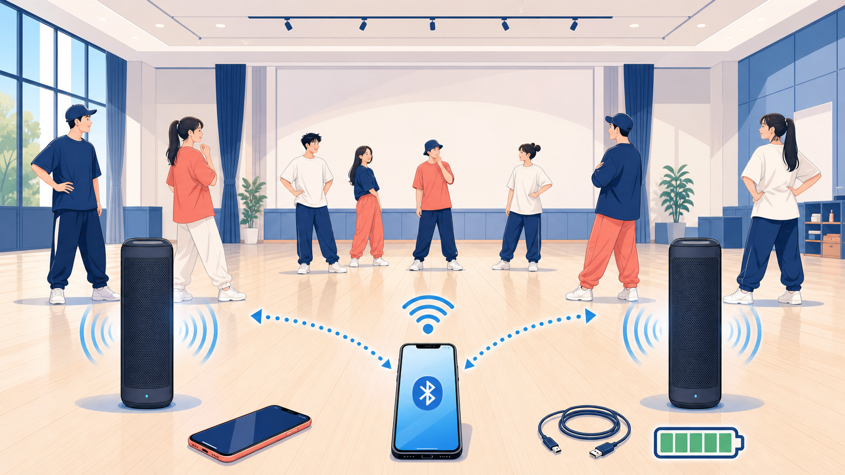 Bluetooth音源をPAスピーカー2台へ接続してTWSステレオ再生を準備するイメージイラスト
