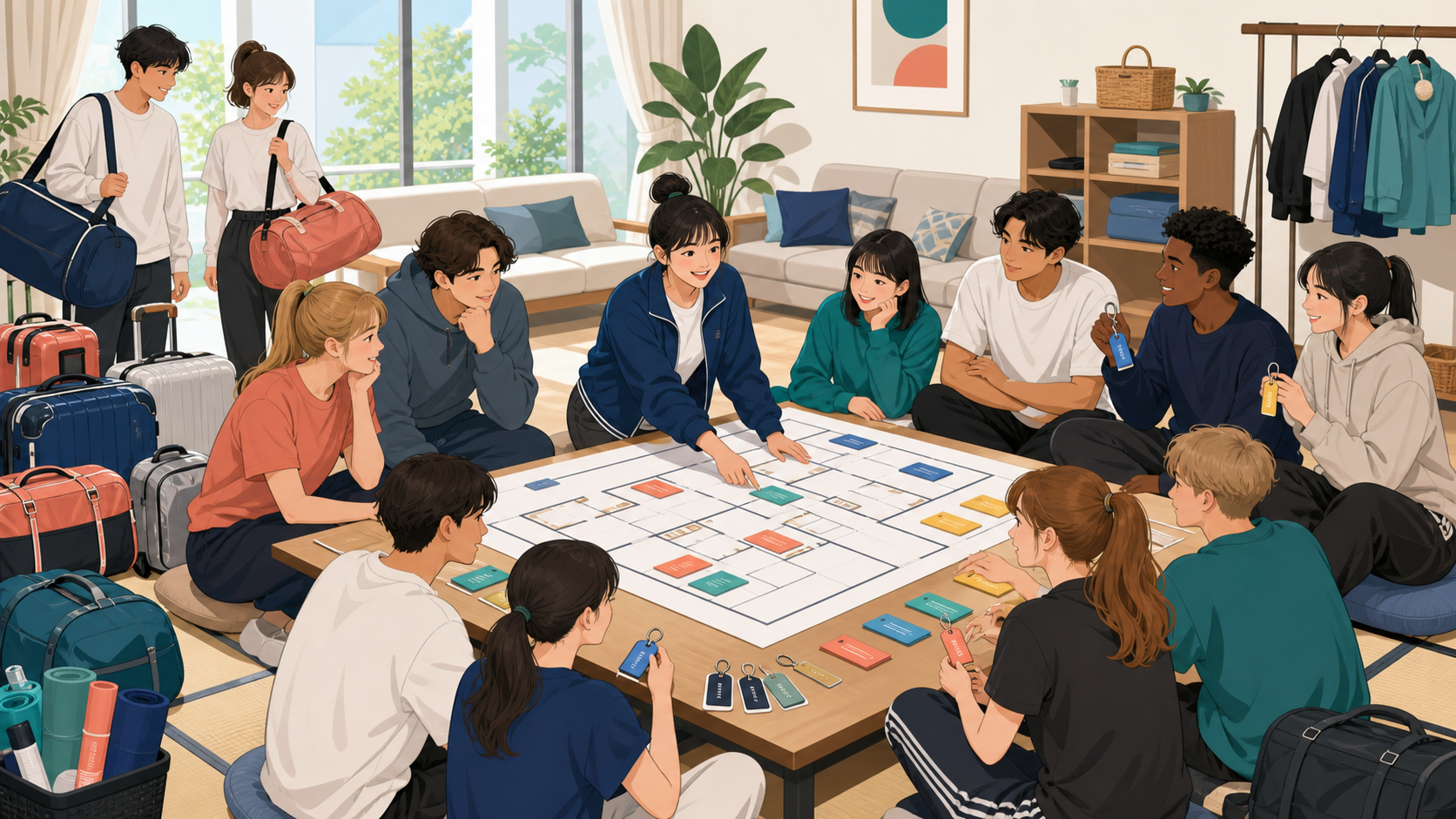 大学ダンスサークルが合宿の部屋割りと班分けを相談するイメージイラスト