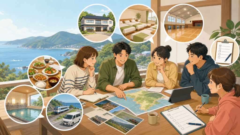 伊豆で20名以上の団体宿を選ぶ7つの確認項目を整理する幹事のイメージイラスト
